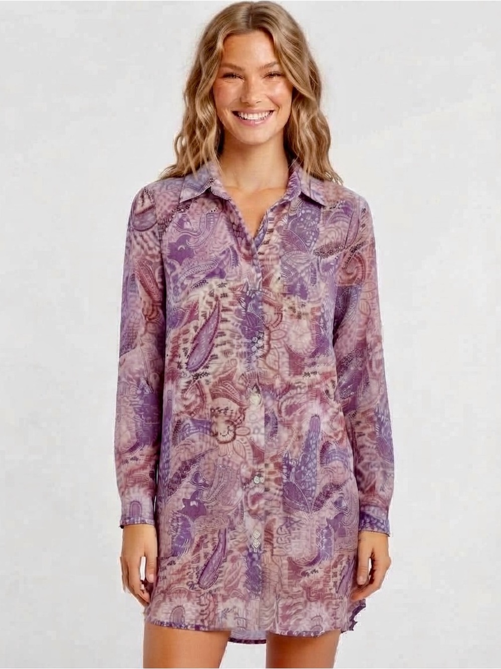Mystree Chic Paisley Button-Front dress in Mauve and Purple